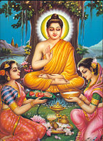 Deciding to follow the Middle Path, the Prince abandones ascetic life and accepts a bowl of milk-rice offered by Gamo and Gatopma.