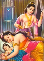 Prince Siddhartha looks at his wife and son before leaving the palace.